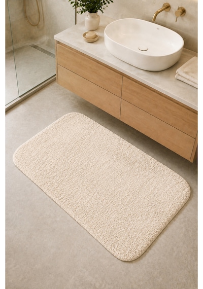 Kaymaz Jel Tabanlı Yıkanabilir Peluş Yumuşak Dokulu Dekoratif Tekli Banyo Paspası 60x100 Cm Krem