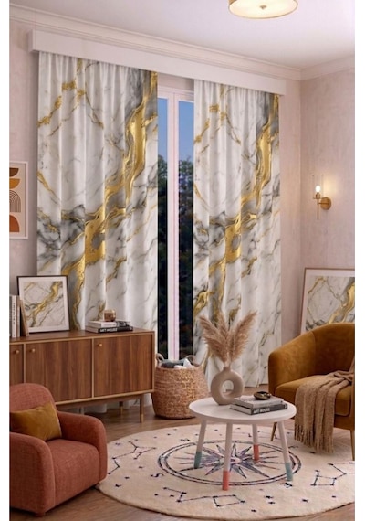 Modern Geometrik Desenli Fon Perdesi 100 X 250 Cm 1 Kanat Dekoratif Dijital Baskılı Premium Salon Oturma Odası Yatak Odası Pencere Perdesi Beyaz Gold