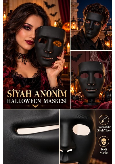 Halloween Siyah Anonim Erkek Yüz Maskesi Boyanabilir Cadılar Bayramı Partisi Ve Kostüm Aksesuarı