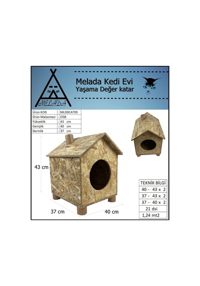 Melada Kedi Evi Dış Ortam Uygun Ahşap Kedi Evi Osb 43x40x37 Cm