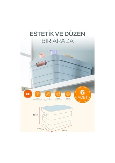 Vienev 6'lı Kapaklı 5 Litre Saklama Kutusu Bej Bej
