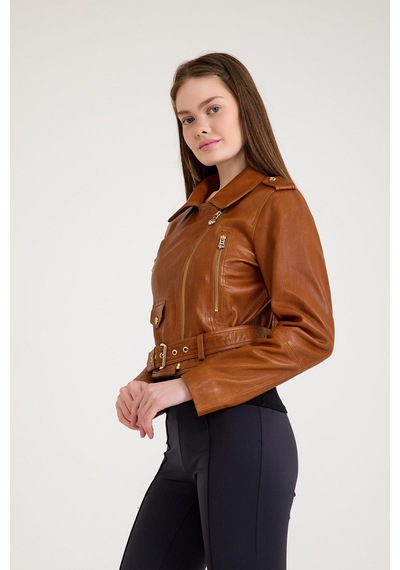 Fit Biker Kısa Bayan Deri Ceket Vb-1 Bk-2581 - 23489 Viski