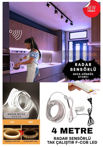 Ankara Teknik Sensörlü Beyaz Renk F- Cob Neon Led / Yüksek Lümen/ Dolap Alcıpan Tavan Led 4 Metre