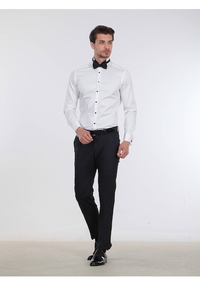 Kip Beyaz Düz Slim Fit Duble Manşet Ata Yaka Smokin Gömlek Beyaz