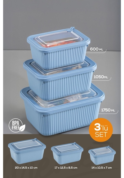 Vienev 3'lü Vip Dikdörtgen Mikrodalga Ve Difrize Uygun Saklama Kabı Seti Mavi 1x 1750,1050,600 Ml Mavi