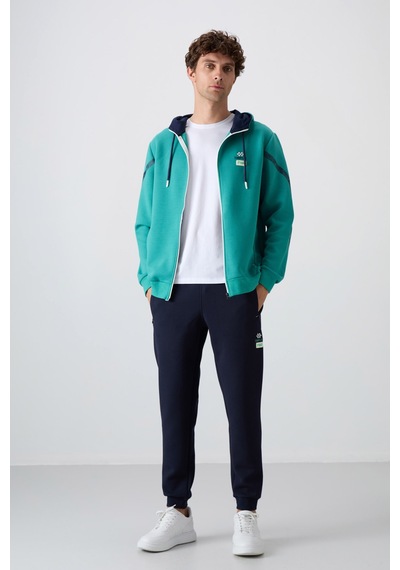 Tommy Life Deniz Yeşili - İndigo Pamuklu Kalın Yumuşak Dokulu Comfort Fit Baskılı Erkek Eşofman Takım - 85236 Lacivert - Yeşil