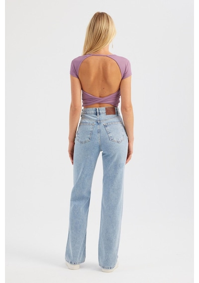 Hiccup Yuvarlak Yaka Çapraz Arka Kısa Kollu Crop Top Mor