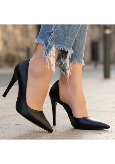 Sekans Pley Siyah Cilt Stiletto Ayakkabı