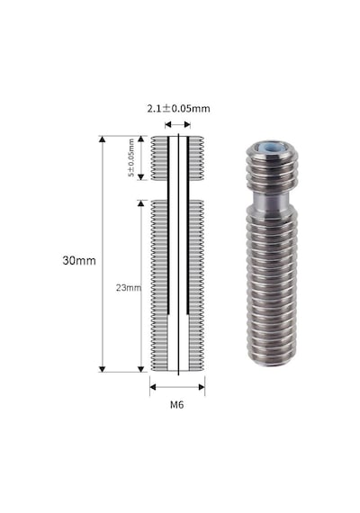 Koodmax 3d Yazıcı M6x30mm Teflonlu Çelik Barel 2.1mm - E3d V5 Uyumlu
