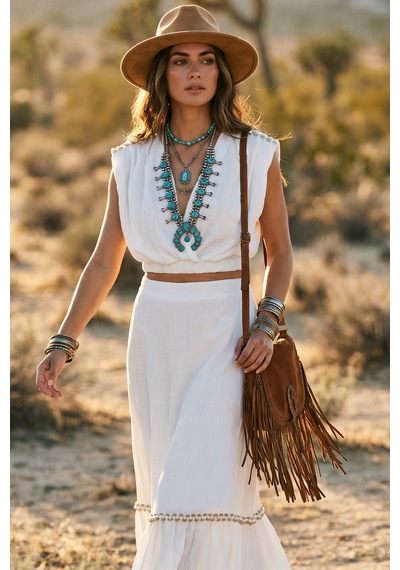 Fashion Cocktail İnci Sıralı Ve Jüt Şeritli Apoletli Kolsuz Bohem Organik Doku Krınkıl Kumaş Eteği Astarlı Kruvaze V Yaka Crop Bluz Fırfırlı Uzun Boho Bohem Tatil Chic Etek Seti İkili Takım ekru