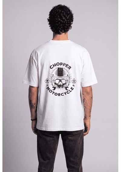 Black Nova Oversize Baskılı Unisex %100 Pamuk T-shirt Skull Rider Beyaz