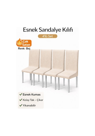 Altınkoza 4lü Set Jakarlı Lastikli Eteksiz Sandalye Kılıfı-bej