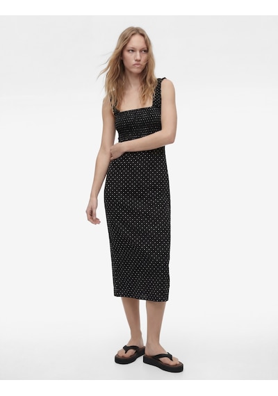 Koton Kare Yaka Slim Fit Kalın Askılı Gipeli Midi Puantiyeli Elbise Siyah Desenli 6sal80026ık