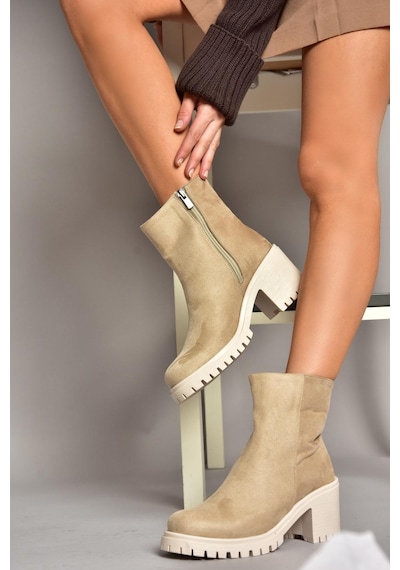 Fox Shoes T726911102 Bej Süet Kalın Topuklu Kadın Bot Bej