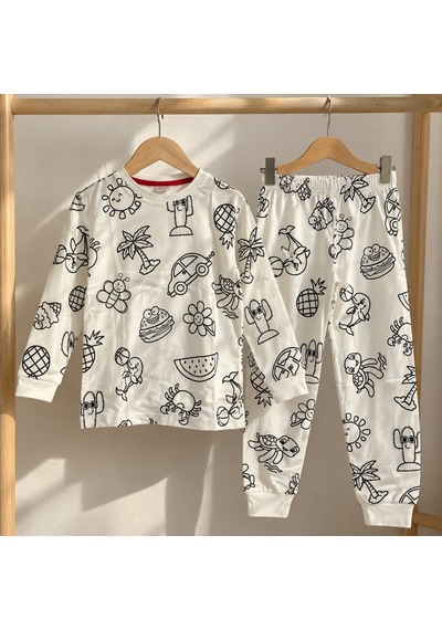 Hukids Boyanabilir Pijama Takımı - Uzun Kollu Beyaz
