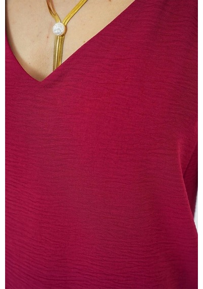 Defymoda V Yaka Sıfır Kol Bluz 950 - Bordo Bordo