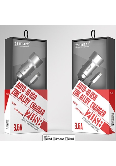 Tsmart Iphone Şarj Kablolu 2 Usb Metal Araç Şarj Seti 3.6A
