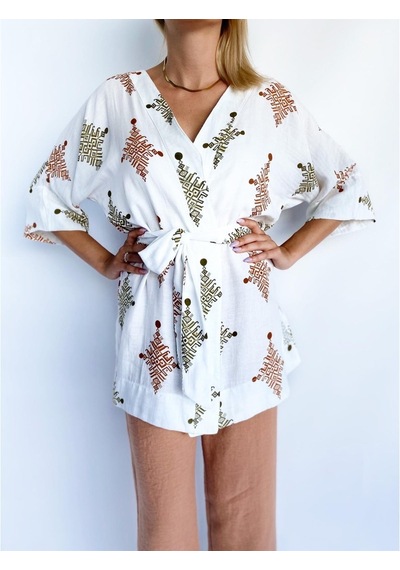 Kadın Tarçın Rengi Keten Kimono Pantolon Takım