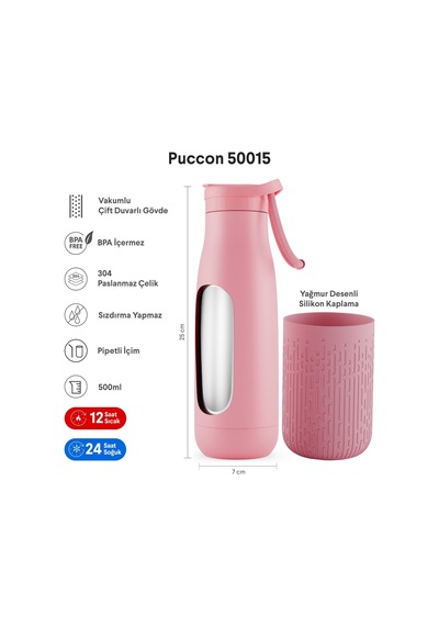 Puccon Pipetli 500 Ml Pembe Paslanmaz Çelik Matara/suluk - Silikon Gövde Yağmur - 50015