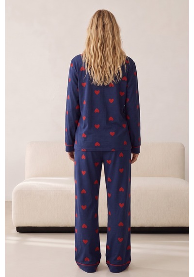 Siyah İnci Düğmeli Biyeli Oversize Pamuklu Örme Pijama Takım 8071 Lacivert