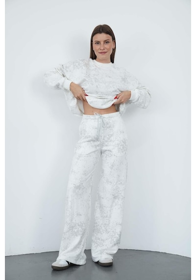 Penyebizden Oversize Sweatshirt & Geniş Paça Eşofman Altı Takım-ekru-gri Baskılı