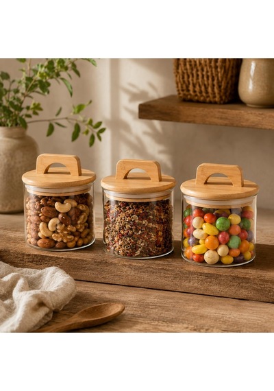 Tr Havana Bambu Kapaklı Cam Kavanoz 370 Ml 3'lü Set, Şeffaf Cam Saklama Kavanozu, Kulplu Bambu Kapaklı Mutfak Düzen Diğer