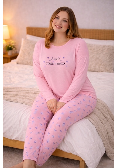 Nisanca Kadın Büyük Beden Uzun Kollu Rahat Pijama Takımı Yumuşak Dokulu Konforlu Ev Giyimi Pudra