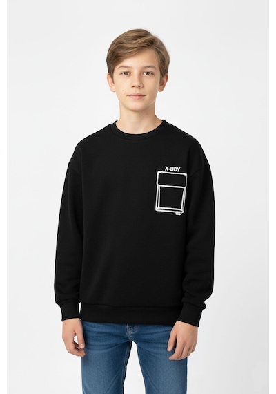 Baskı Detaylı Bisiklet Yaka Erkek Çocuk Sweatshirt-90913 Siyah