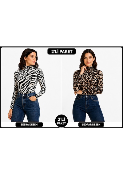 İngegno Body Desenli Balıkçı Yaka Uzun Kol Örme Kumaş Viskon Kadın Body Zebra Ve Leopar Desen 2li Paket
