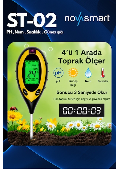 4'ü 1 Arada Dijital Toprak Ph, Nem, Sıcaklık Ve Işık Ölçer Dijital Işık Ölçer