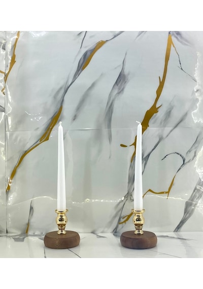 Koyu Kahverengi Ahşap Ayaklı Metal Gold Desenli Ikili Mumluk Seti Gold