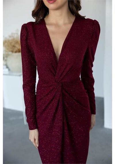 Dip Moda Kadın Büzgü Detaylı Simli Gece Elbisesi Dpnbmy3633 Bordo