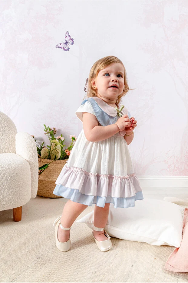 Momercy Çift Yakalı Lale Detaylı Fırfırlı Tokalı Kız Bebek Elbise Ekru