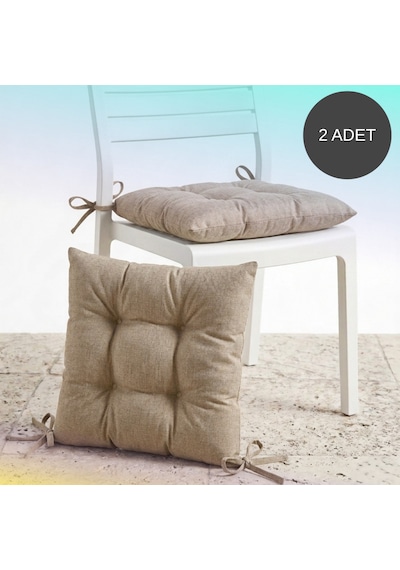 2'li Set 45x45 Cm Bej Bağcıklı Sandalye Minderi - Pamuk Polyester Kumaş Kırpıntı Süngerli Bahçe Ve Mutfak Sandalye Minderi