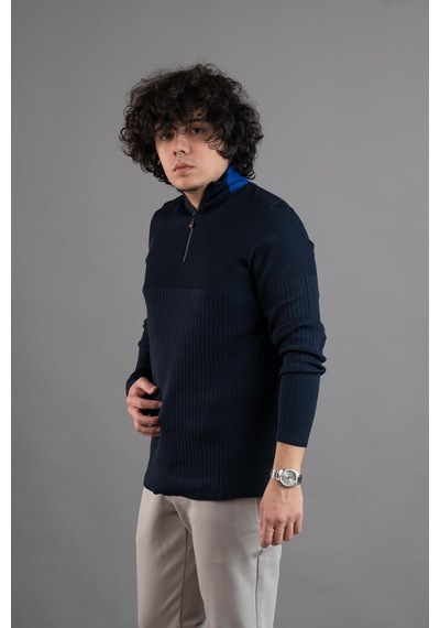 Fermuar Yaka Yarım Balıkçı Likralı Erkek Sweatshirt Lacivert