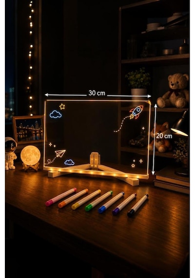 Led Işıklı Çizim Boyama Tahtası 7 Adet Kalem Hediyeli Neon Işıklı Eğitici Not Tahtası Lwb01 Şeffaf