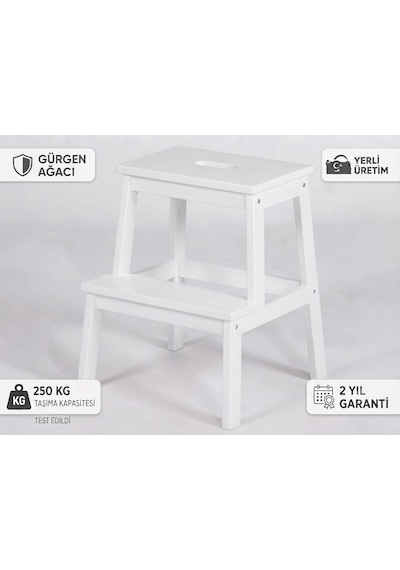 Ahşap Basamaklı Tabure , Katlanır 2 Basamaklı Mutfak Taburesi Beyaz