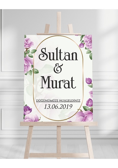 Söz Nişan Düğün İçin 50x70 Karşılama Panosu - Mor Çiçek Tasarımlı 004 Beyaz