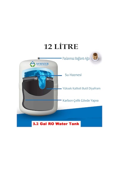 Aswater Su Arıtma Cihazı Çelik Su Tankı 3.2 Galon 12lt Tank