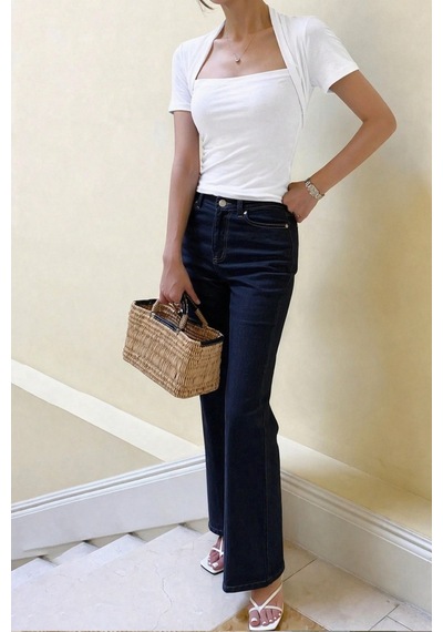 Kadın Haki Kuğu Yaka Slim Kısa Kollu Fit Crop Bluz Beyaz