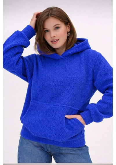 Mamayaga Kadın Peluş Kumoş Kanguru Cepli Kapüşonlu Rahat Kalıp Standart Sweatshirt Mavi