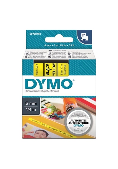 Dymo D1 Yedek Şerit Sarı/Siyah 6MM X 7M 43618