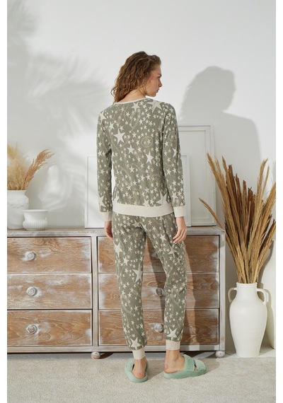 Sevim Kadın Uzun Kol Jakarlı Kalın Haki Pijama Takımı C1t5n0o91 001