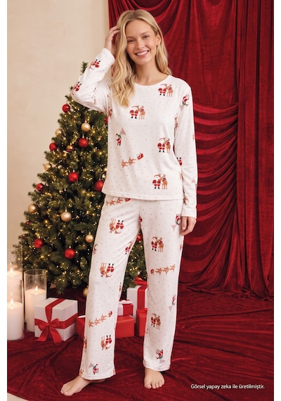 Siyah İnci Ekru Yılbaşı Temalı Desenli Termal Kumaşlı Ultra Soft Yumuşak Örme Pijama Takımı 26226923