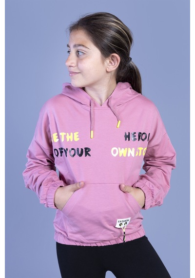 Toontoy Kız Çocuk Kapüşolu Kanguru Cepli Baskılı Sweatshirt Gülkurusu