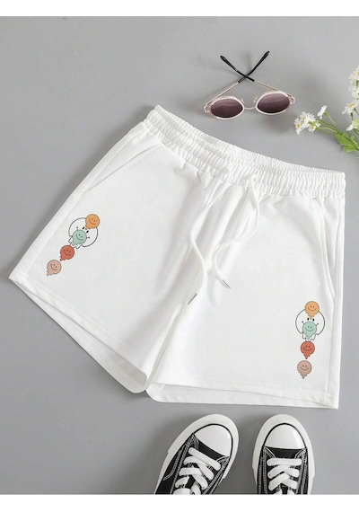 Cartoon Graphic Drawstring Waist Track Şort Beyaz
