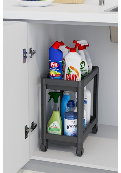 Mithra Life 2 Katlı Tekerlekli Tezgah Altı Siyah Banyo Mutfak Rafı Mıt1121 Siyah