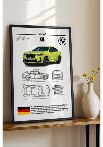 Bmw X4 Tablo - Teknik Özellikli Alman Spor Coupe Suv Poster - Çerçeveli Duvar Dekoru - Blueprint Siyah