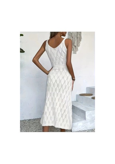 Butik İstanbul Kadın Askılı V Yakalı Uzun Triko Elbise Beyaz