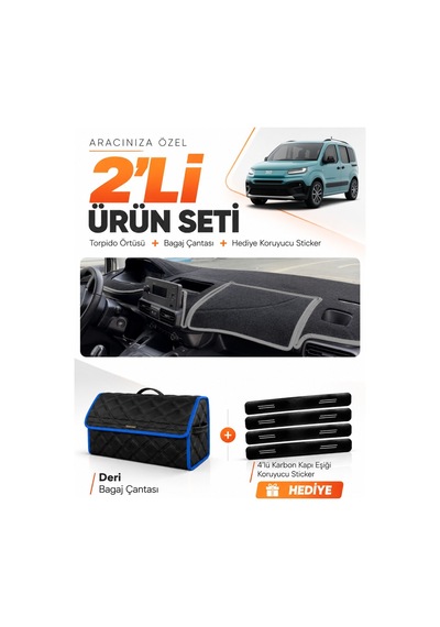 Fiat Doblo 2023-2026 Uyumlu Torpido Örtüsü + Deri Bagaj Çantası + Sticker Seti - Siyah Mavi